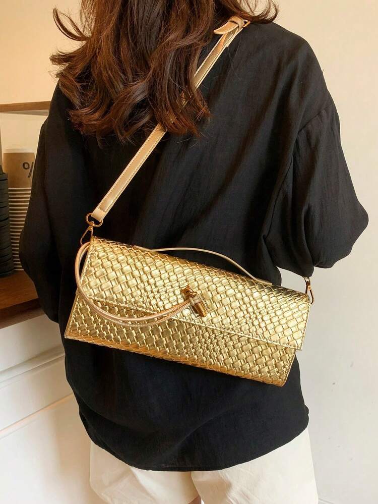 Women's High-Quality Solid Color PU Faux Woven Crossbody Clutch Bag - Gold - View 2