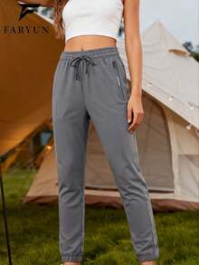 Women's Grey Drawstring Casual Pants, Comfortable Fabric For Outdoor, Camping, And Daily Wear