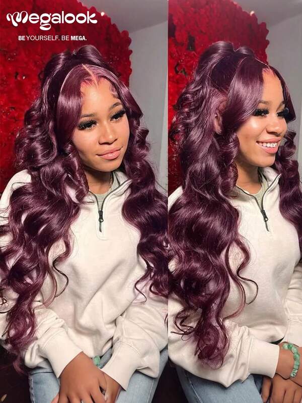 MEGALOOK 6x5 Inch Pre-Cut Lace Closure Human Hair Wig, Dark Plum Color, Suitable For Everyday Wear, Office Styling, Y2K Aesthetic, Outdoor, Best For Cosplay On Sundays, Campus, Christmas, Wedding, Halloween, Date Night, Charming Wig