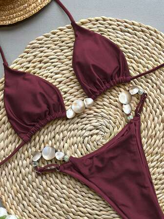Women's Wine Red Sexy Halter Backless Beaded Bikini Set With Tie Back And High Stretch Fabric