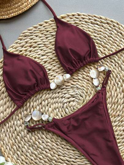 Women's Sexy Backless Beaded Bikini Set, Tie-Back, High Elasticity Fabric, Wine Red Vacation Beach Summer
