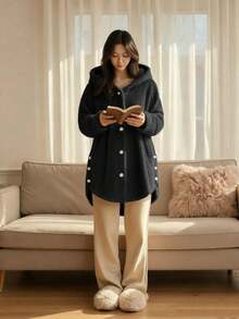 Cálido y acogedor cardigan con capucha y botones, chaqueta larga y holgada de uso casual para el invierno. Tela súper cálida y cómoda, ideal para el ocio y el uso navideño