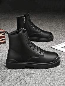 男士高帮靴，秋冬季百搭黑色真皮休闲鞋，耐磨低帮工装鞋，新款时尚休闲鞋，可搭配正装，系带金属鞋眼 - 黑色 - 查看 8