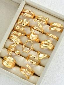 17KM 22/68 件简约金属几何仿珍珠心形戒指套装，女士节日、约会、日常派对礼物（无盒） - 款式1 - 查看 11