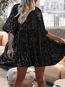 休闲宽松圆领亮片装饰女式连衣裙 黑色 夏季 优雅 - 黑色 - 查看 4