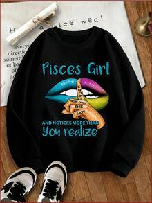 Pisces Girl Knows More Than She Says And Notices More Than You Realize Zodiac Sign Graphic Sweatshirt Women Casual Long Sve Pullover Top Autumn Winter Fashion Streetwear Outfit Set - 黑色 - 查看 2