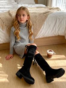 1 双适合青少年女孩，蝴蝶结装饰，仿麂皮，防滑舒适，圆头过膝靴，侧拉链开合，低跟，休闲时尚，儿童过膝靴，适合日常穿着、派对和圣诞节