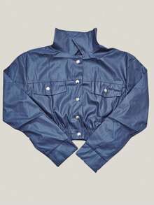 Women's Faux Leather Jacket Long Sleeve Front Pockets - 深灰色 - 查看 2