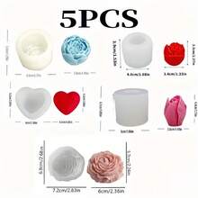 5件套3D立体蜡烛硅胶模具 - 格子爱心、牡丹、玫瑰花蕾、玫瑰郁金香树脂模具，适用于DIY家居装饰 | 精美乔迁礼物 | 美观的家居饰品，适合情人节、生日、母亲节、婚礼、圣诞节、复活节等场合 - 白色 - 查看 5