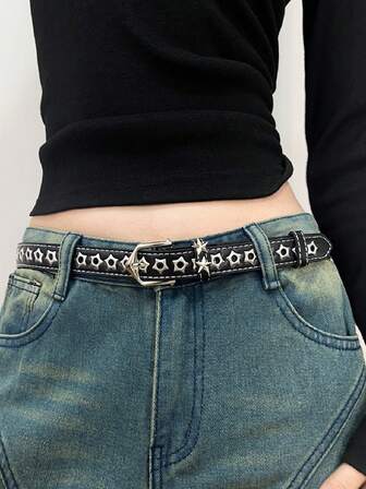 1pc Women's Hollow Star Rivet Belt, Y2K Punk Rock Style, Versatile High Street Casual Jeans Belt, No Buckle Needed