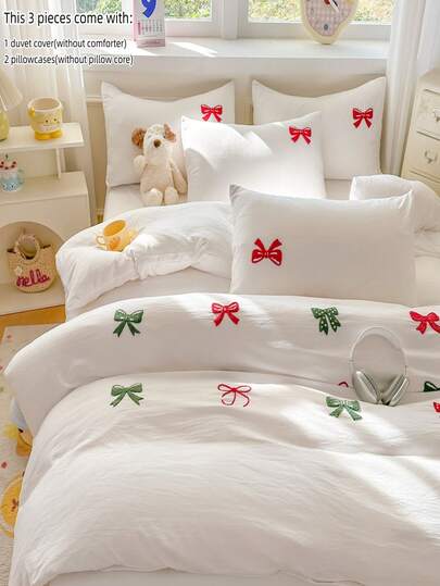 Cut Bow Embroidery Christmas Decorations For The Bedroom Duvet Cover Set, White Bedding Set 3pcs,Including 1 Duvet Cover And 2 Pillowcases, Ultra Soft Breathable Chic Comforter Cover