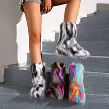 2025 Autumn And Winter Personalized Fashion Rainbow-Colored Furry Puffy Chunky-Heel Ankle Boots, Retro Y2K Style, Suitable For Party, Catwalk, Street Shooting, Music Festival And Halloween Carnival Outfits - 彩黑色 - 查看 4
