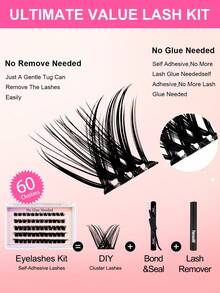 60片C型卷翘自粘单根假睫毛套装，8-16毫米，精致轻盈，DIY睫毛嫁接套装，含镊子和睫毛夹，无需胶水，分段式假睫毛，尖头假睫毛 - 黑色 - 查看 4
