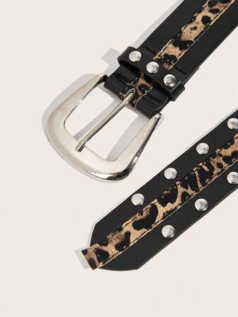 1pc Women's Y2K Rivet Embellished Leopard Print Punk Style Casual Fashion Belt, Suitable For Jeans, Casual Pants, Halloween, Outdoor, Casual, School, Party, Autumn, Winter, Summer