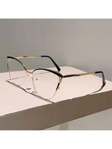 1 Pair Of Women's New Cat Eye Shaped Flat Glasses Fashionable Light Luxury Metal Frame  Retro Pink Glasses - 紅金色 - 查看 8
