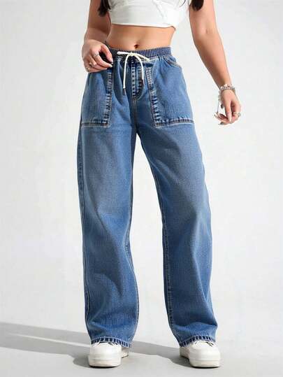 Pantalones vaqueros de piernas anchas para mujeres, pantalones ajustados con cinturón de cuerda, versión relajada de piernas anchas, adecuados para viajes diarios.