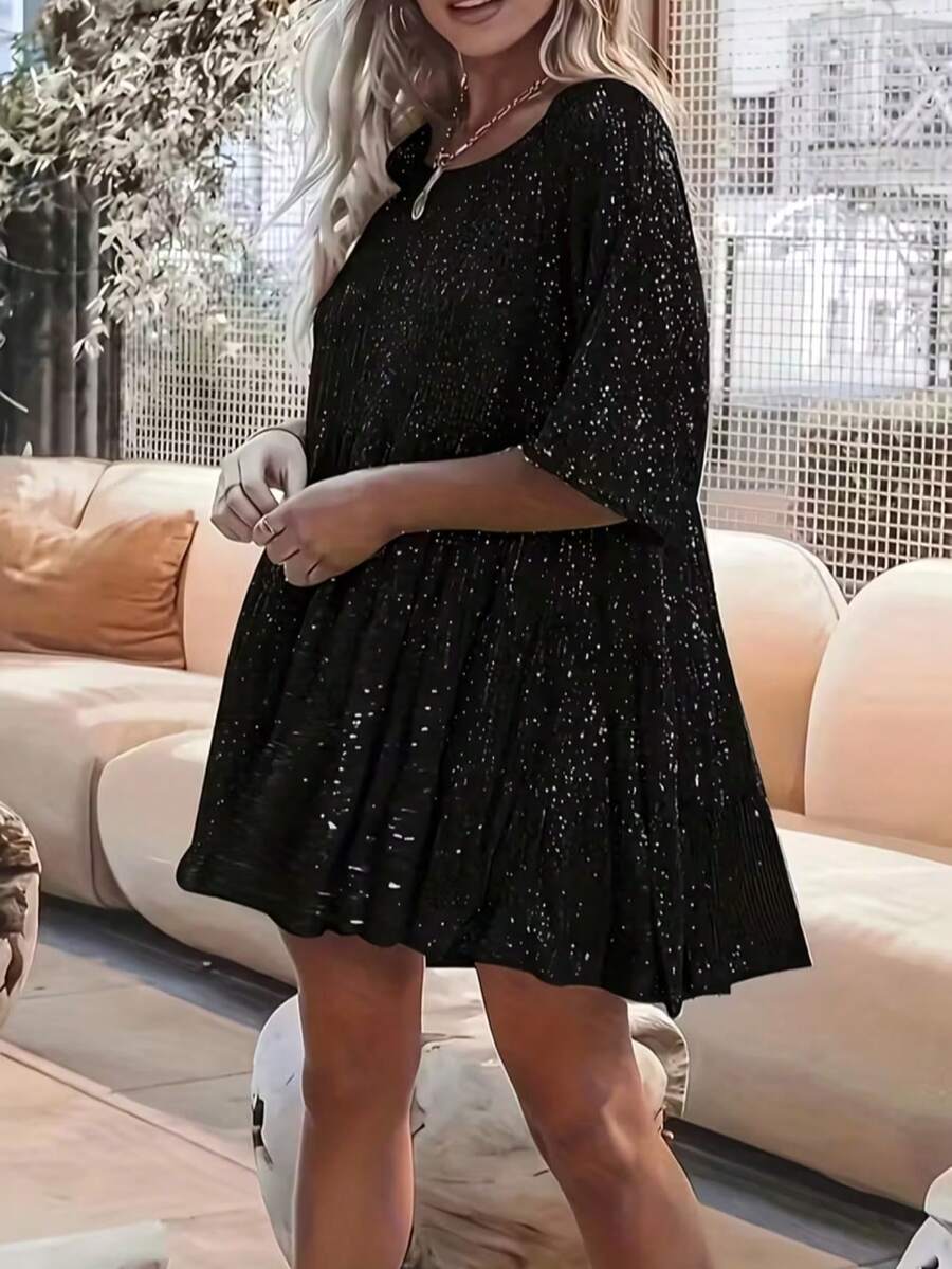 休闲宽松圆领亮片装饰女式连衣裙 黑色 夏季 优雅