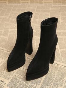 2026 Spring/Autumn New Elegant Black & Brown European Style Boots For Women, Thick Heel Super High Heel Pointed Toe Fashion Ankle Boots For Autumn/Winter - Black - View 2