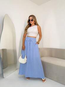 AMY FASHION LONG STRIPED SKIRT WITH SLIT AND THICK WAIST BAG FASHION 2025 - Blue - View 8