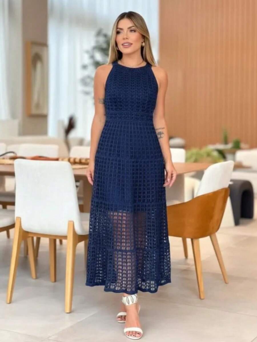 Lace Flared Dress, Beachwear, Elegance. - 藏蓝色 - 查看 1