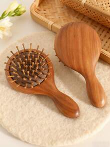 1pc Sandalwood Air Cushion Massage Hair Brush, Minimalist Natural Wood Color, Compact & Portable, Soft Air Cushion Design, Suitable For Women, Travel & Gift - Brown - View 2