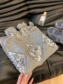 EAVA 女士复古高端慵懒风亮片镂空针织套头毛衣，老钱风格，休闲宽松版型，亮片