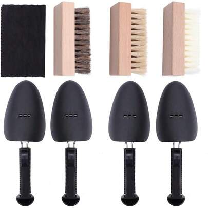 Kit de Limpieza de Zapatos de Gamuza, Kit Cepillo para Bolear Zapatos, con Un Paño de Pulido, Tres Cepillos, 4 Soportes de Calzado Ajustables, Kit de Limpieza, Kit de Limpieza de Zapatos de Gamuza