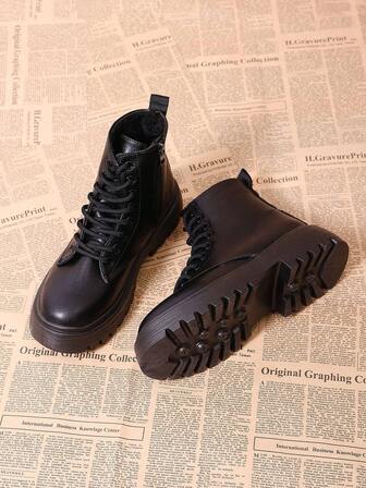 Fall/Winter Women's Classic Lace-Up Side Zipper Boots, Black Short/Mid-Calf Anti-Slip Casual European And American Style Boots, Versatile For Any Occasion