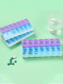 1 pièce/2 rangées 14 compartiments Boîte à pilules bleue et violette, portable et pratique. Grande capacité, étanche à l'humidité, facile à distinguer le matin et le soir. Boîte de rangement pour comprimés, capsules et vitamines avec identification en braille. Distributeur de médicaments pour 1 semaine, 7 jours AM et PM.