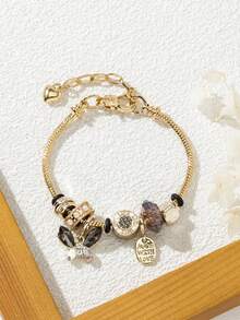 1pc Women's Multi-Color Heart & Butterfly Pendant Adjustable Bracelet (Rhinestone Position Random) - Black - View 4