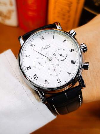 JARAGAR 1pc Fashion Pilot Automatic Mechanical Watch For Men Multifunctional Small Dial 24 Hours Display Black Leather Strap Business Men Watches Gifts With Box