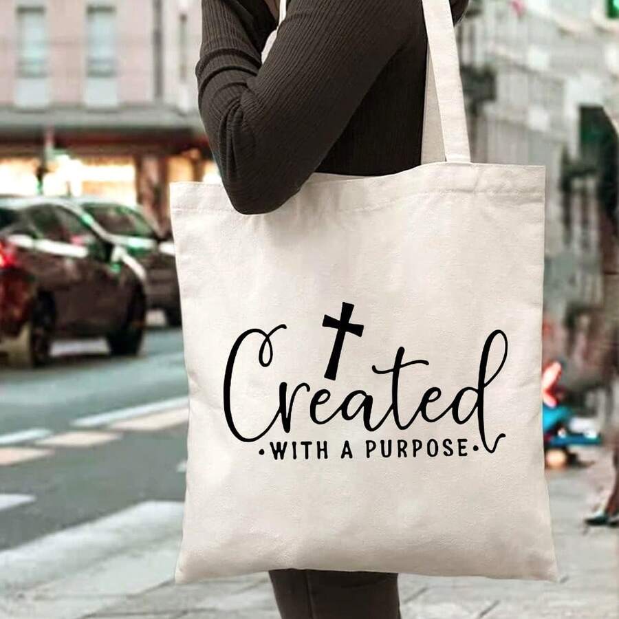 Christian Tote Bag With Created With A Purpose Print - Large Capacity Durable Polyester Handbag Outdoor, Party, Travel & Shopping - Stylish Minimalist Design With & Inspirational Quote, Reusable Grocery Bag, Party Accessory, Minimalist Design, Sturdy Handle Construction, Alcohol Design Tote Bag, Alcohol Bag, Good Bag, Canva Handbag, Sister Shopper, Inappropriate Women, Book And Snack Tote, Shopping Bag, Fabric Bag, Food - 1pc - 查看 1