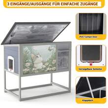 Caseta aislante para gatos, resistente al invierno, de madera con patas alta, puerta y techo abatible, rascador exterior resistente a la intemperie, para animales pequeños en invierno, color gris.