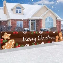 1 pieza Bandera de decoración navideña, fondo de tela con estampado de Papá Noel, muñeco de nieve, árbol de Navidad y hombre de jengibre, para decoración de fondo de fiesta de Navidad, decoración colgante de valla de pared navideña, decoración colgante de patio y jardín navideño, suministros para eventos y fiestas navideñas en el hogar - Multicolor - Ver 17