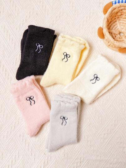 2 Pairs Women's Bow Socks Cute Simple Mink Plush Socks Mid-Calf Socks Crew Socks Thick Soft Fluffy Warm Comfortable Socks Random Color, Suitable For Fall&Winter