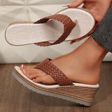 Women Platform Sandals Braided Thong Flats Sandals Lightweight Summer Beach Vacation Outdoor Travel Walking Wedges Heels - 棕色 - 查看 8