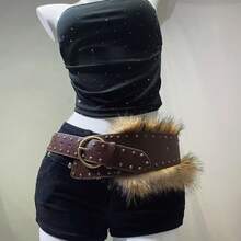 1pc PU Leather Rivet Fleece-Lined Perforated Belt: Punk Street Style Y2K Aesthetic Cool Women's Waist Strap - Pairs With Dresses, Casual Pants & Jeans - Nâu D - Xem 13