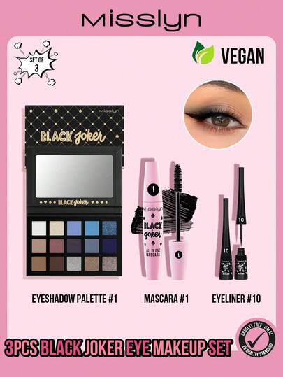  MISSLYN - 3件套黑色小丑眼妆套装，包括：黑色小丑多功能睫毛膏（一支睫毛膏即可实现卷翘、浓密、纤长效果，不结块，防晕染），蘸取式眼线笔（持久显色，凝胶状眼线质地，防水防汗），黑色小丑眼影盘。