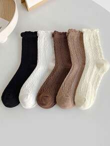 6 Pairs Women's Fashion Sweet Cable Knit Solid Color JK Style Breathable Mid-Calf Socks