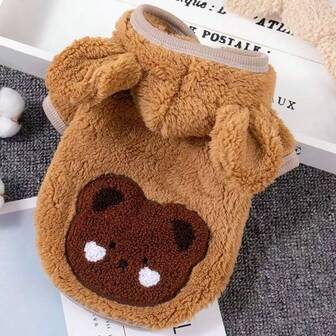 1pc Autumn/Winter Plush Dog/Cat Pet Warm Clothes, Thermal-Lined Hooded Pet Sweatshirt, Cute Bear Pattern, Suitable For Teddy, Poodle, Corgi, Small Pets & Puppies For Winter
