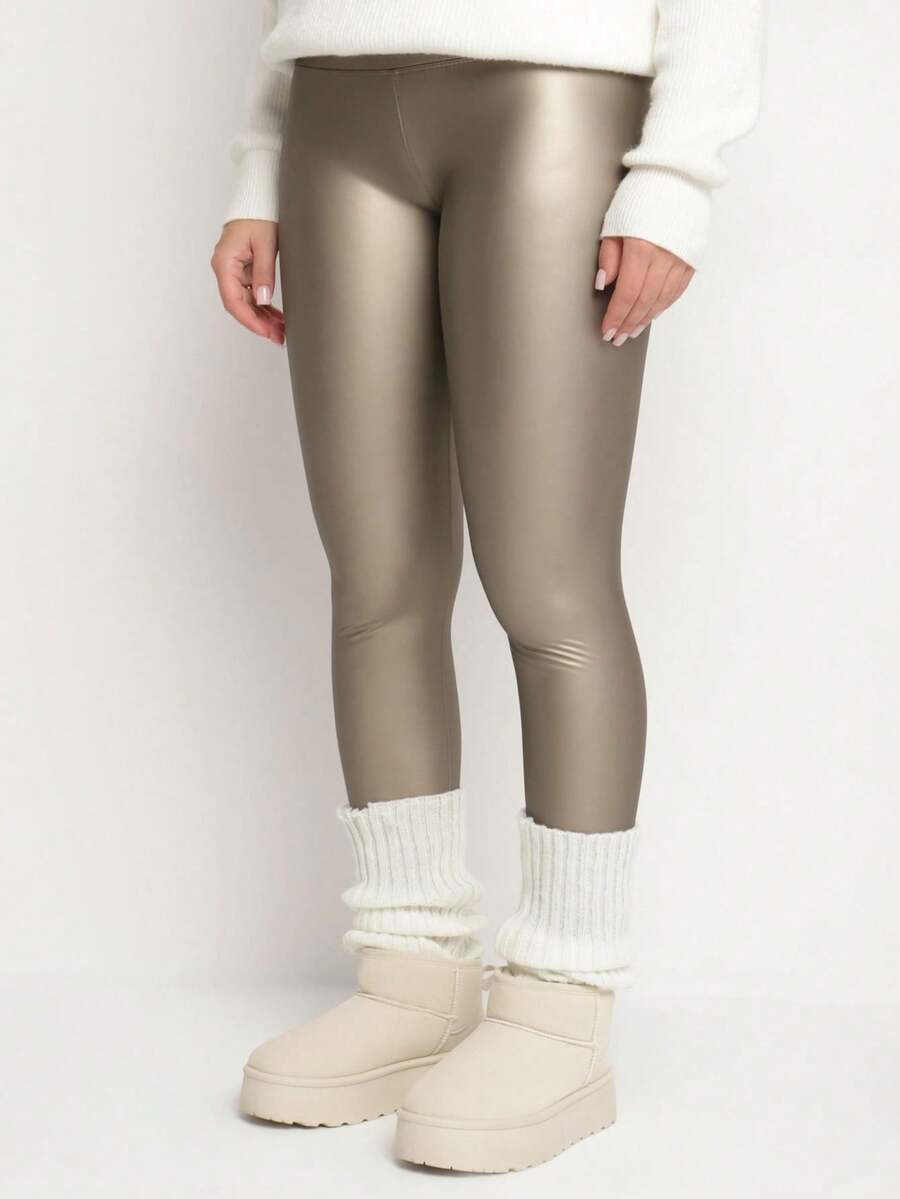 Quần legging da PU cạp cao bằng vải nỉ - Bạc - Xem 1