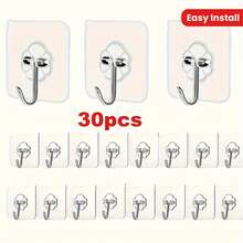 30pcs Strong Adhesive Hooks - No Drill, Traceless Wall Mount For Kitchen & Home Use, Easy Install, Load-Bearing - Transparent - View 6