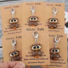 6件套可爱树脂猫头鹰雕像钥匙扣套装，包含励志双语贺卡，送给家人朋友的祝福礼物，教师节大礼，圣诞节装饰配件 - 彩色 - 查看 2