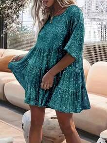 女士亮片装饰圆领七分袖宽松娃娃裙，优雅夏季款 - 綠色 - 查看 2