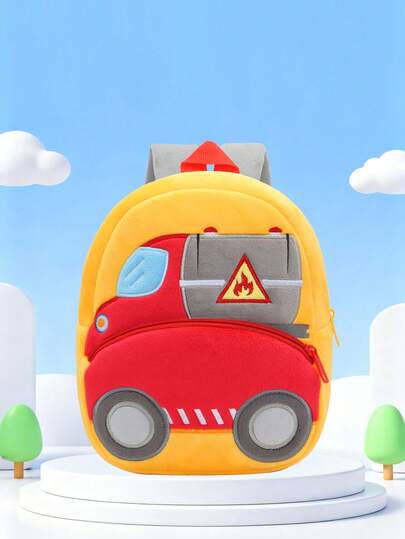 1pc Cartoon Construction Vehicle Oil Tanker Children's Backpack, Zipper Closure Plush Backpack, Suitable For 2-4 Years Old Boys Daily Wear
