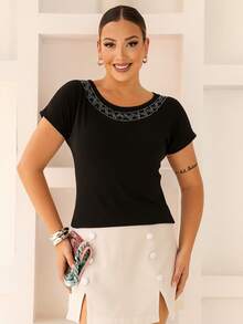 MODERN CASUAL BLOUSE WITH STRASS NECKLACE - 黑色 - 查看 2