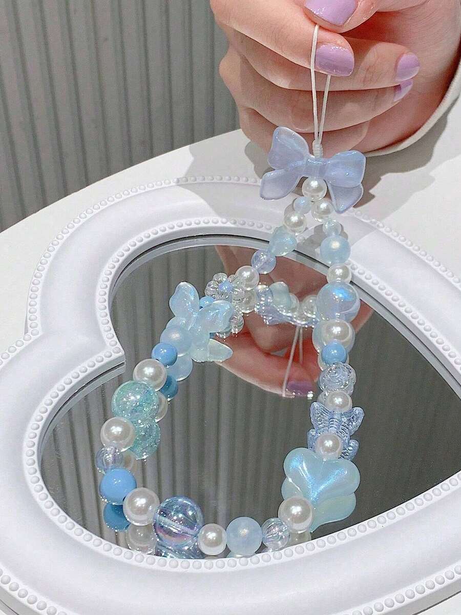 1件时尚手提链手机壳挂绳串珠腕带手链蝴蝶结设计防丢女士礼物，送给母亲、家人、朋友，生日、节日手机挂饰，手机链 - 彩色 - 查看 1