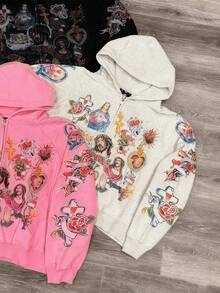Jesus Printed Hoodie For Men Y2k Zipper Hoodie Harajuku Thin Kawaii Retro Streetwear - 灰色 - 查看 4