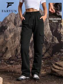 女士户外多口袋设计长裤，黑色，百搭时尚，简约设计，裤脚可调节，休闲工装裤