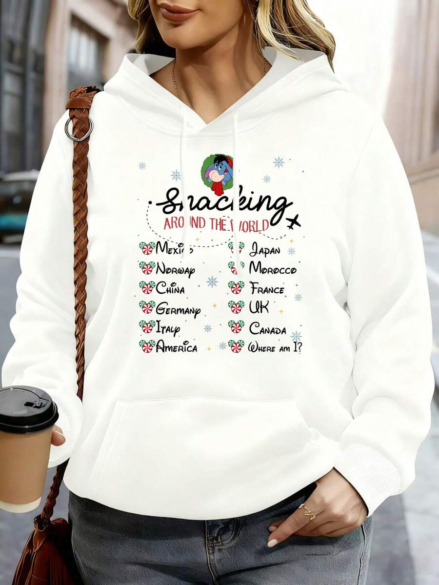 Disney Hoodie White Mickey Mouse Tracking Around The World Countries Print Casual Wear For Women And Girls - 白色 - 查看 1